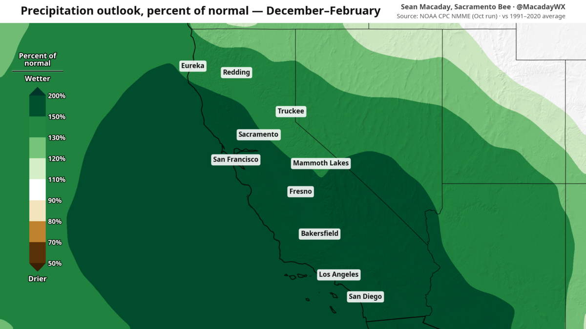 Forecast percent above average winter precipitation (NMME).